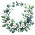 Watercolor wreath with jasmine flowers and green leaves isolated on white background. Royalty Free Stock Photo